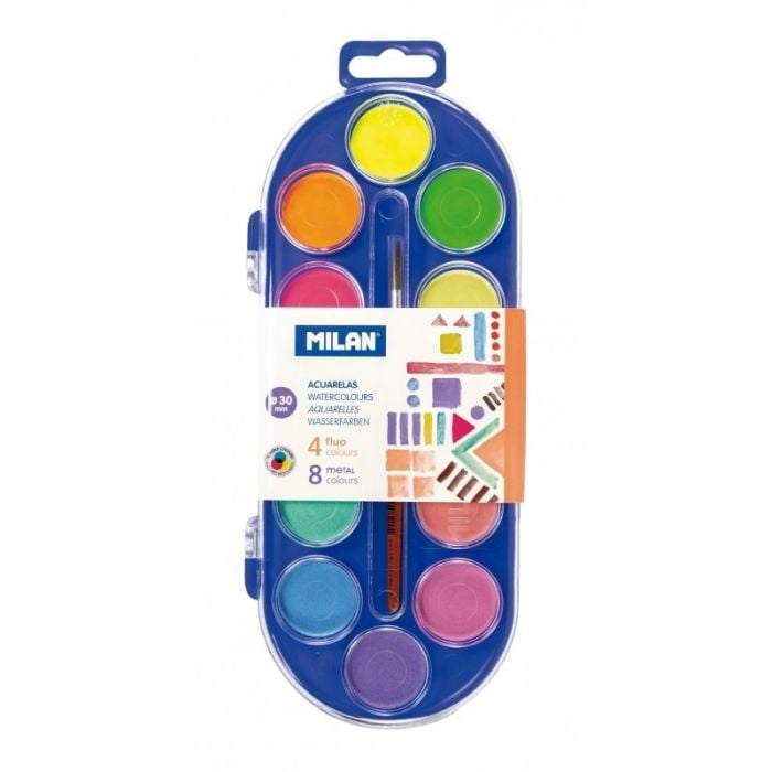Acuarele pastila Milan, set 12 culori , culori intense si aplicare uniforma pentru desen si pictura,