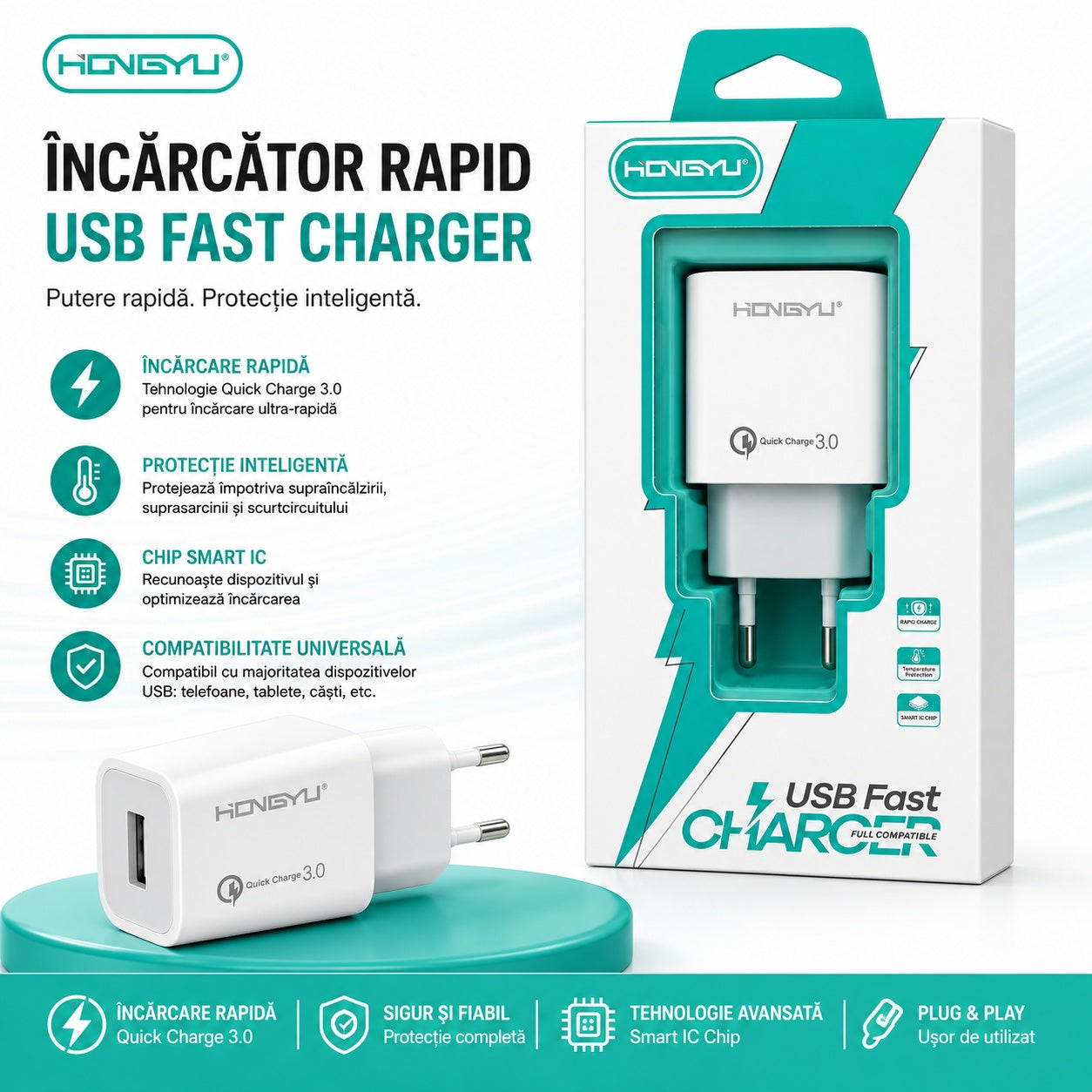 Adaptor Telefon USB Fast Charger Quick Charge 3.0 – Încărcare Rapidă și Protecție Inteligentă