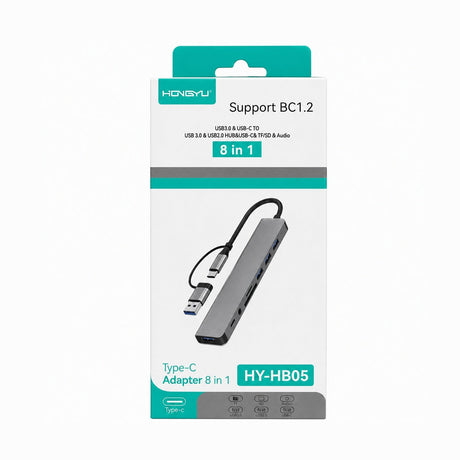 Adaptor USB Type-C 8 în 1 HY-HB05 – Hub USB-C cu USB 3.0, Cititor Card TF/SD și Jack Audio