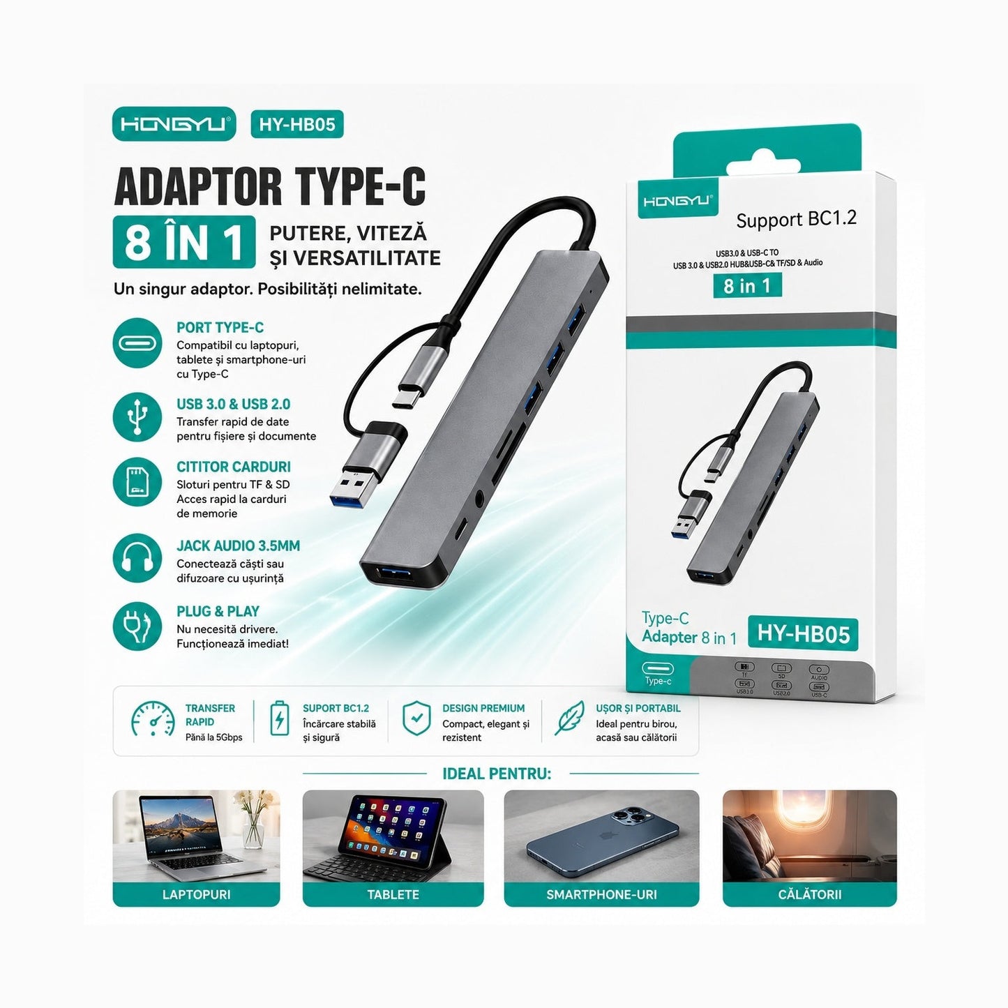 Adaptor USB Type-C 8 în 1 HY-HB05 – Hub USB-C cu USB 3.0, Cititor Card TF/SD și Jack Audio