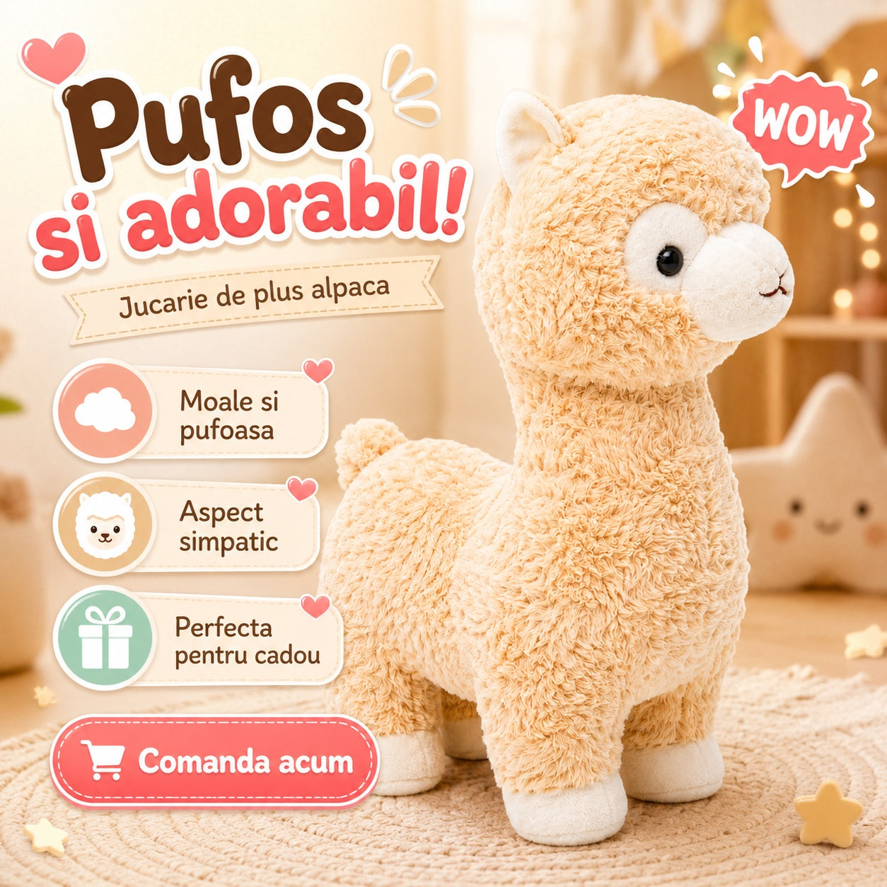 Alpaca de Plus 65x40 cm, Jucarie Mare, Pufoasa si Moale pentru Copii