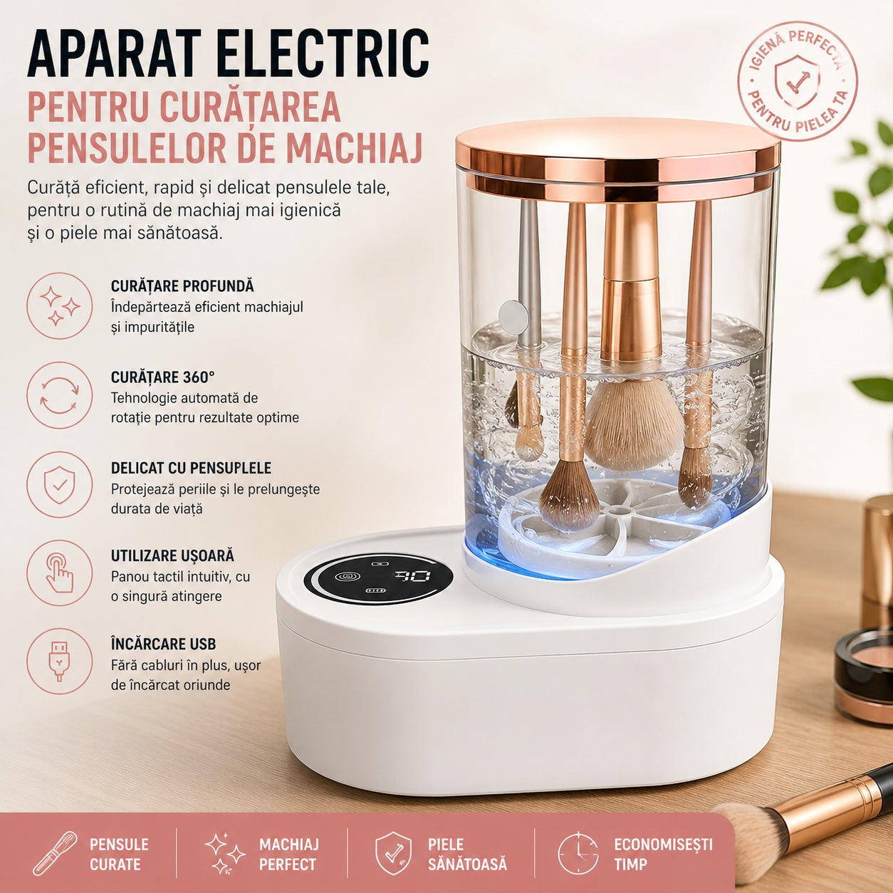 Aparat Electric pentru Curățare Pensule Machiaj 20 cm – Curățare Automată 360°, USB, 6W
