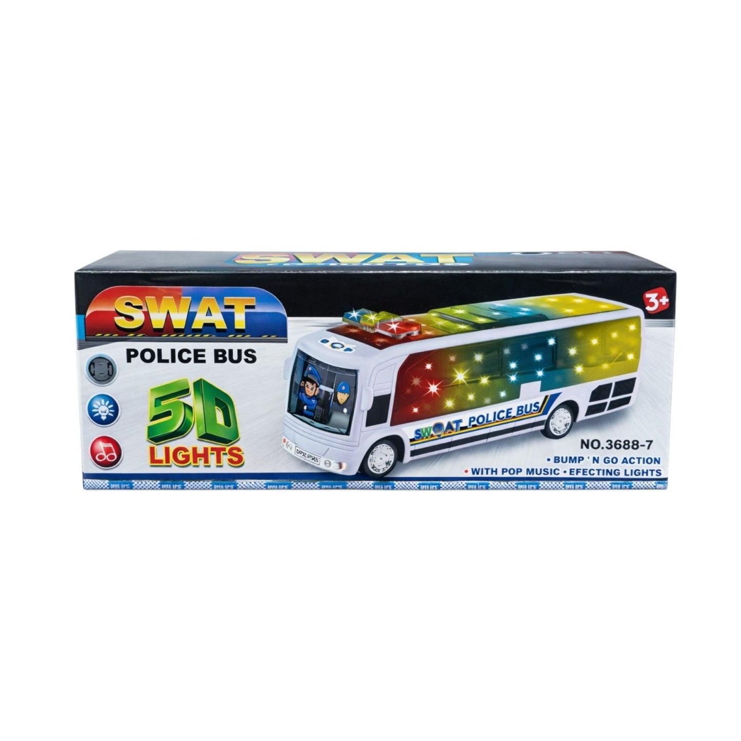 Autobuz de politie cu lumini 5D si sunete, bump and go, multicolor