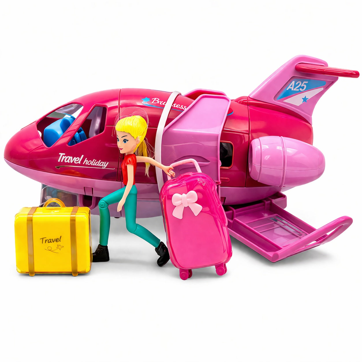 Avion jucarie roz cu papusa si accesorii travel, set interactiv 29x17 cm