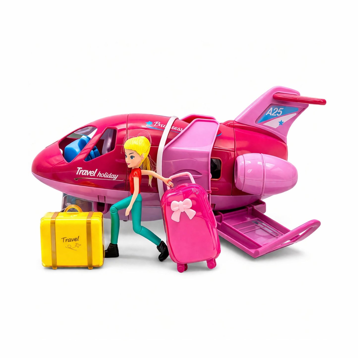 Avion jucarie roz cu papusa si accesorii travel, set interactiv 29x17 cm