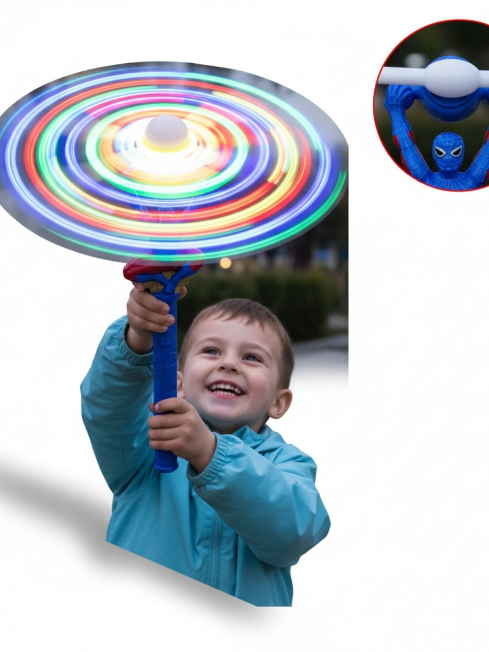 Bagheta cu elice rotativa, lumini LED si sunete, figurina albastru rosu 34 cm