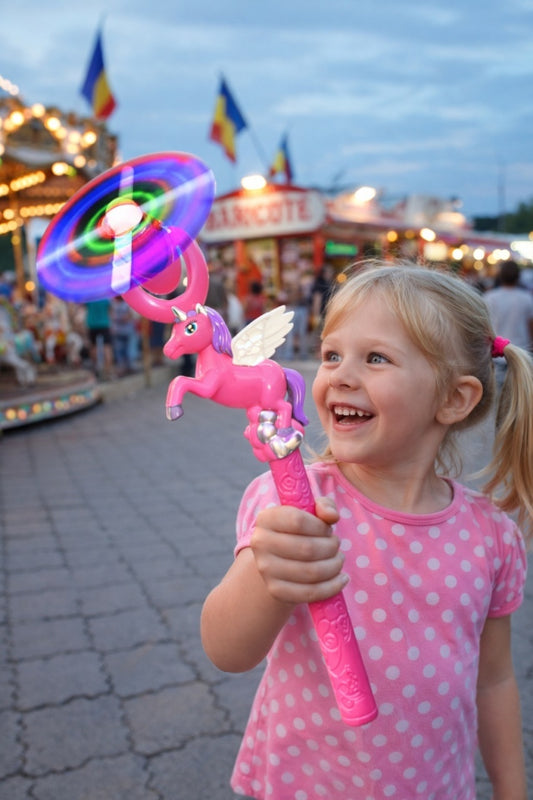 Bagheta cu elice rotativa, lumini LED si sunete, figurina unicorn roz 35 cm