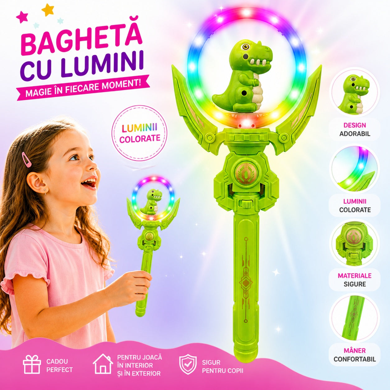 Baghetă cu lumini Dinozaur verde, 38 cm – jucărie magică pentru copii