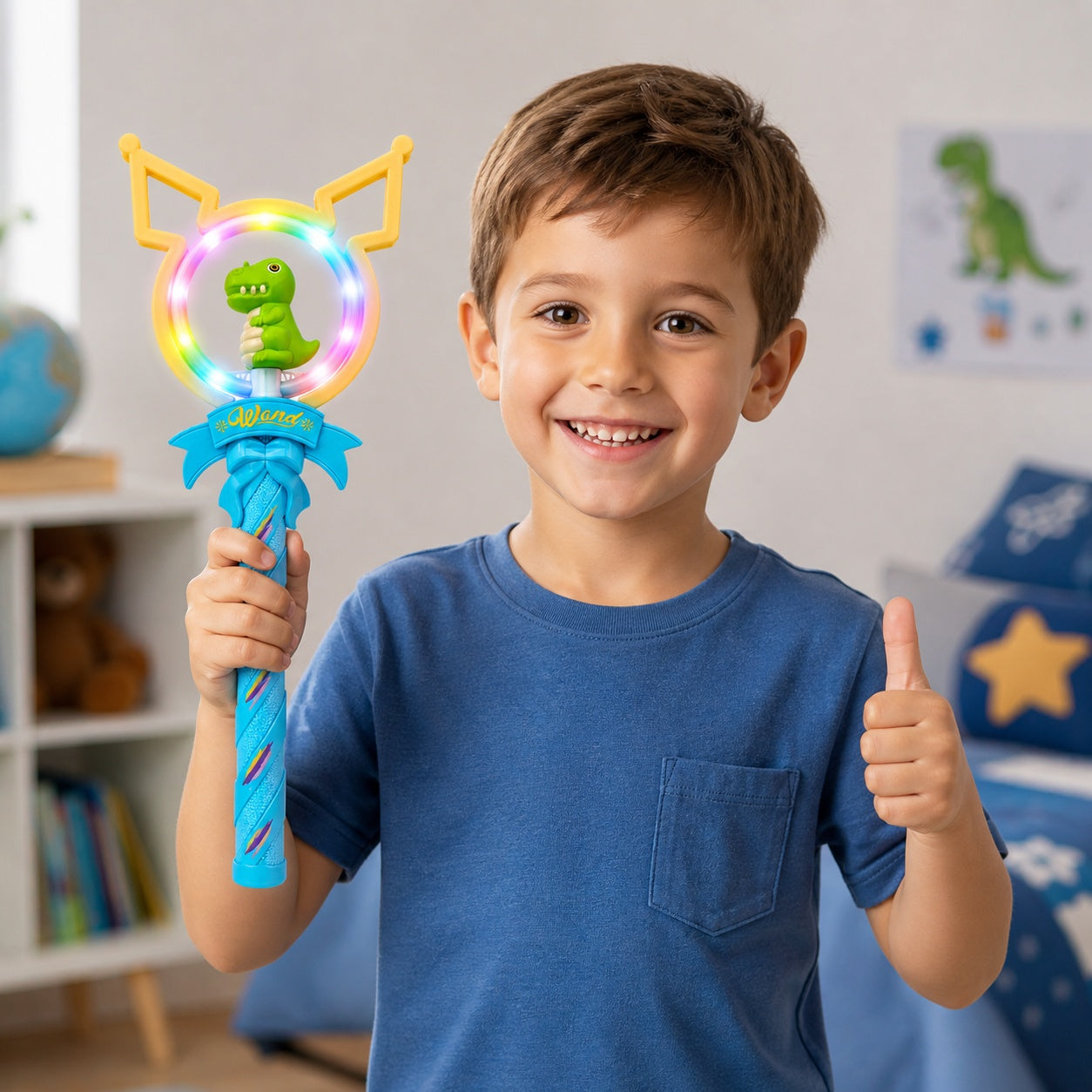 Baghetă magică albastra cu lumini, figurina Dinozaur , 42 cm – jucărie interactivă pentru copii