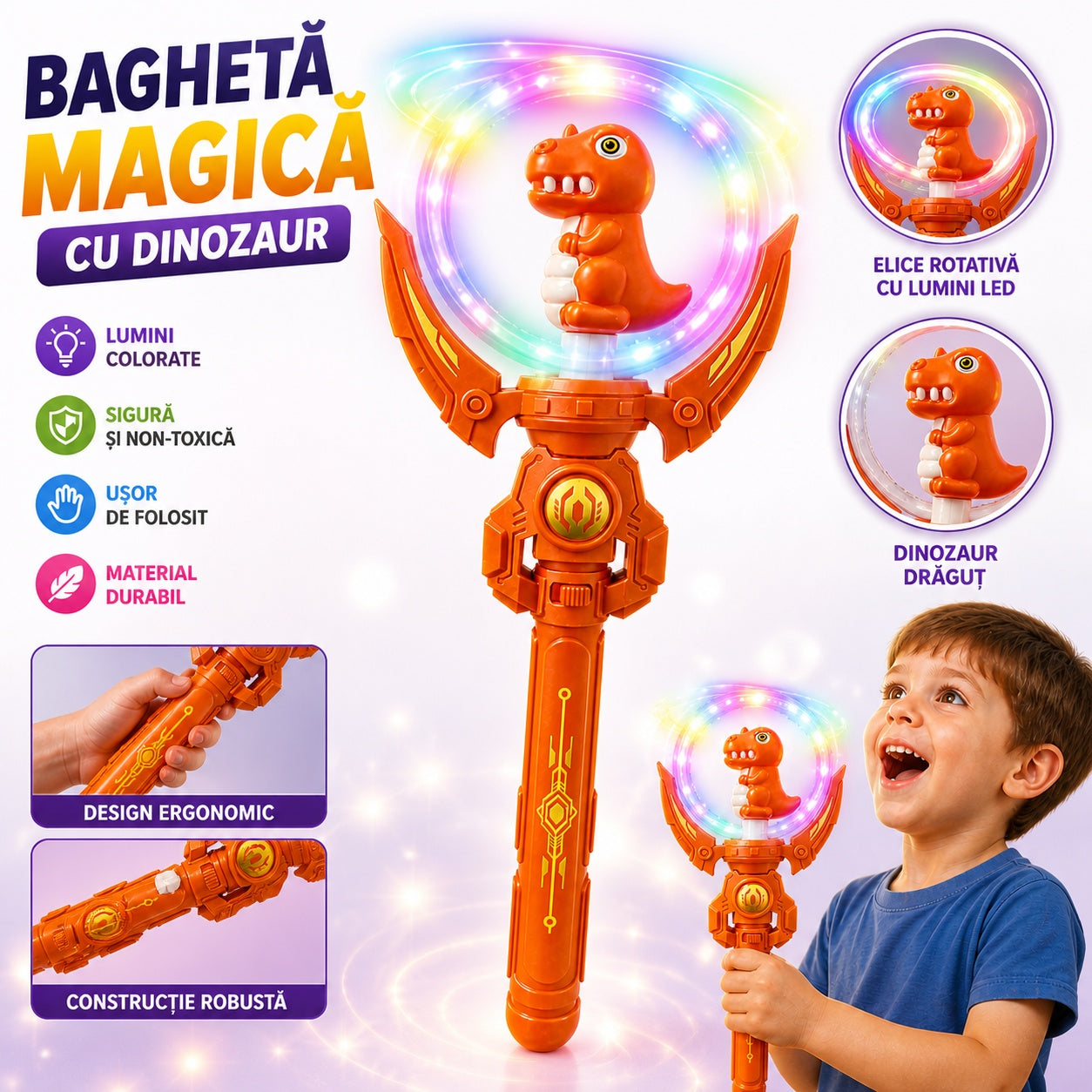 Baghetă magică cu lumini, Dinozaur portocaliu, 38 cm – jucărie copii cu efecte luminoase