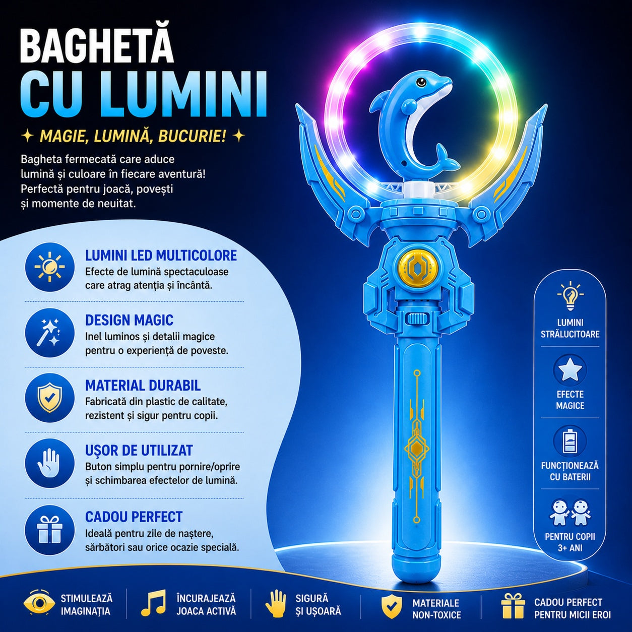 Baghetă magică cu lumini LED, delfin albastru 36 cm – jucărie copii cu efecte luminoase și sunete