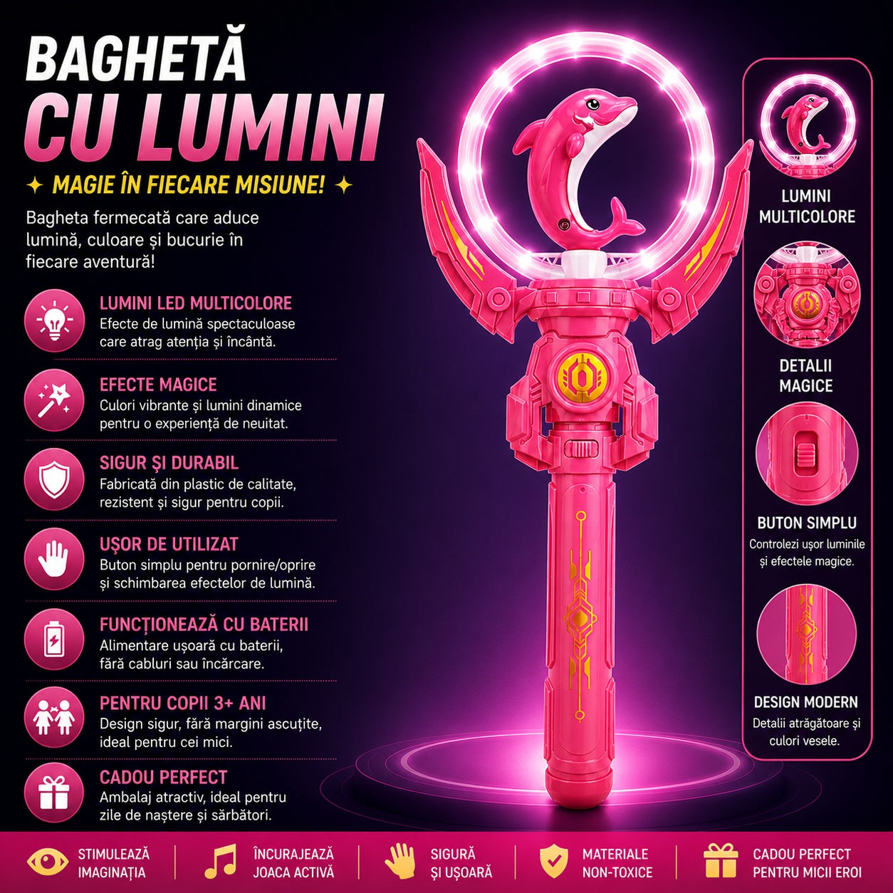 Baghetă magică cu lumini LED, delfin roz 36 cm – jucărie copii cu efecte luminoase multicolore