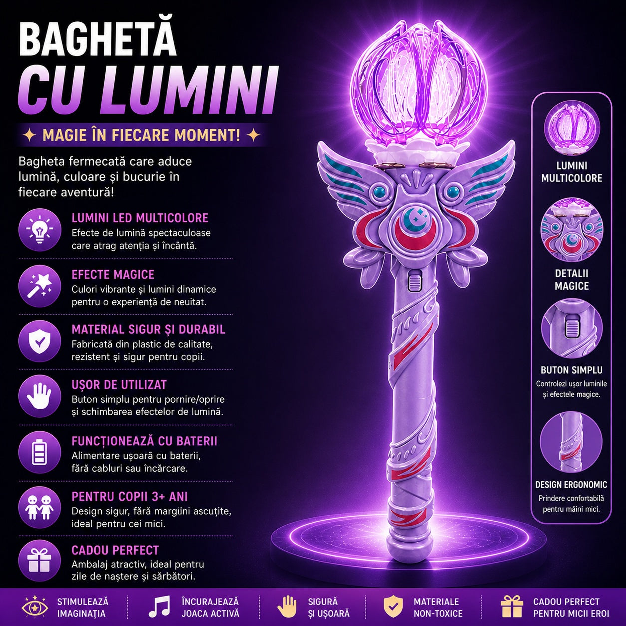 Baghetă magică cu lumini LED, mov 38 cm – jucărie copii cu efecte luminoase