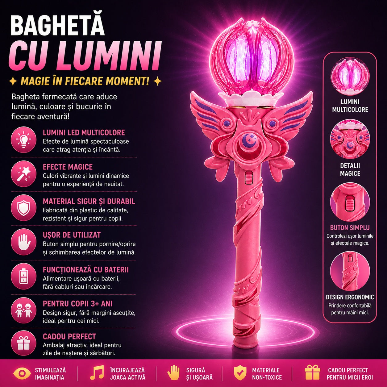 Baghetă magică cu lumini LED, roz 38 cm – jucărie copii cu efecte luminoase