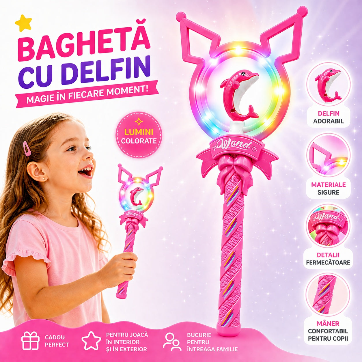 Baghetă magică cu lumini și delfin, roz, 42 cm – jucărie copii cu efecte luminoase