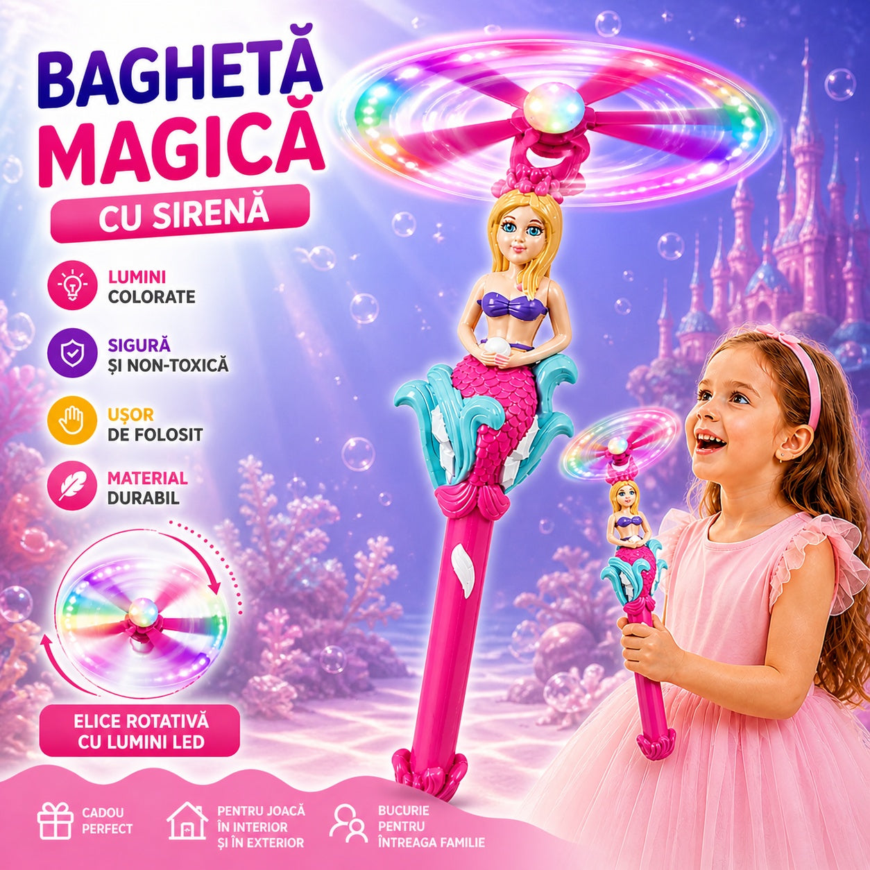 Baghetă magică cu lumini și sirenă, roz închis, 38 cm – jucărie copii cu elice rotativă