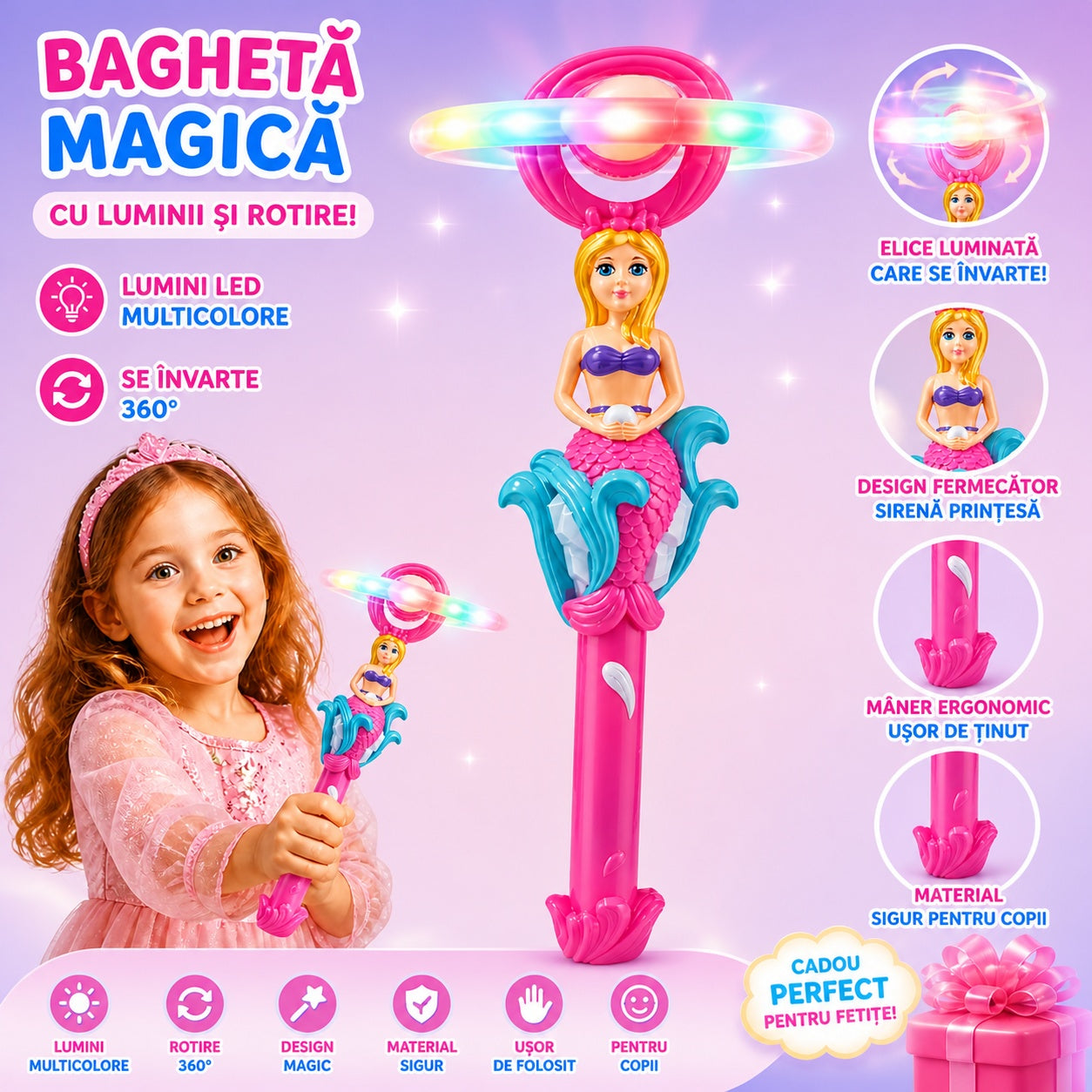 Baghetă magică cu lumini , Sirenă roz deschis, 38 cm - jucarie pentru copii
