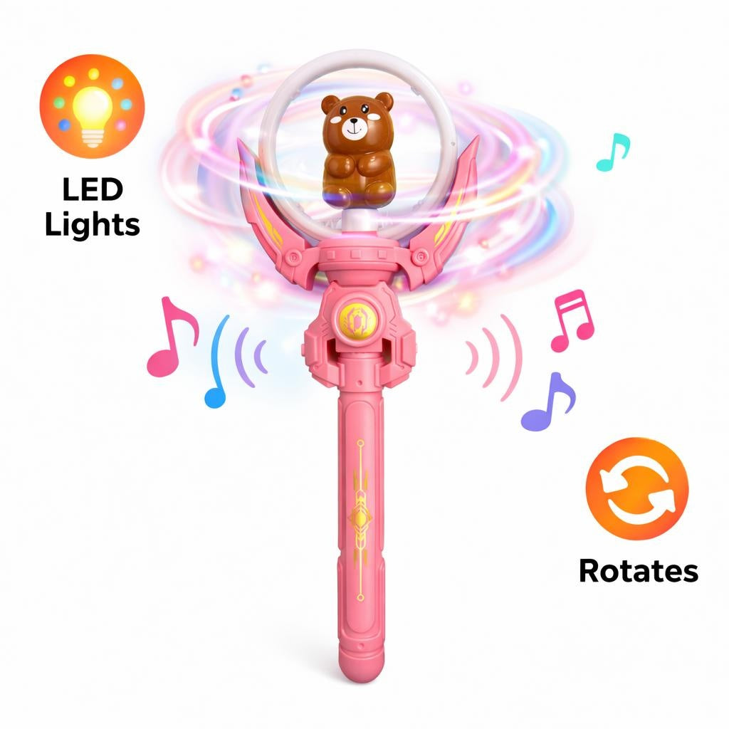 Bagheta magica interactiva pentru copii cu lumini si sunete, rotire, model ursulet, roz, 36 cm
