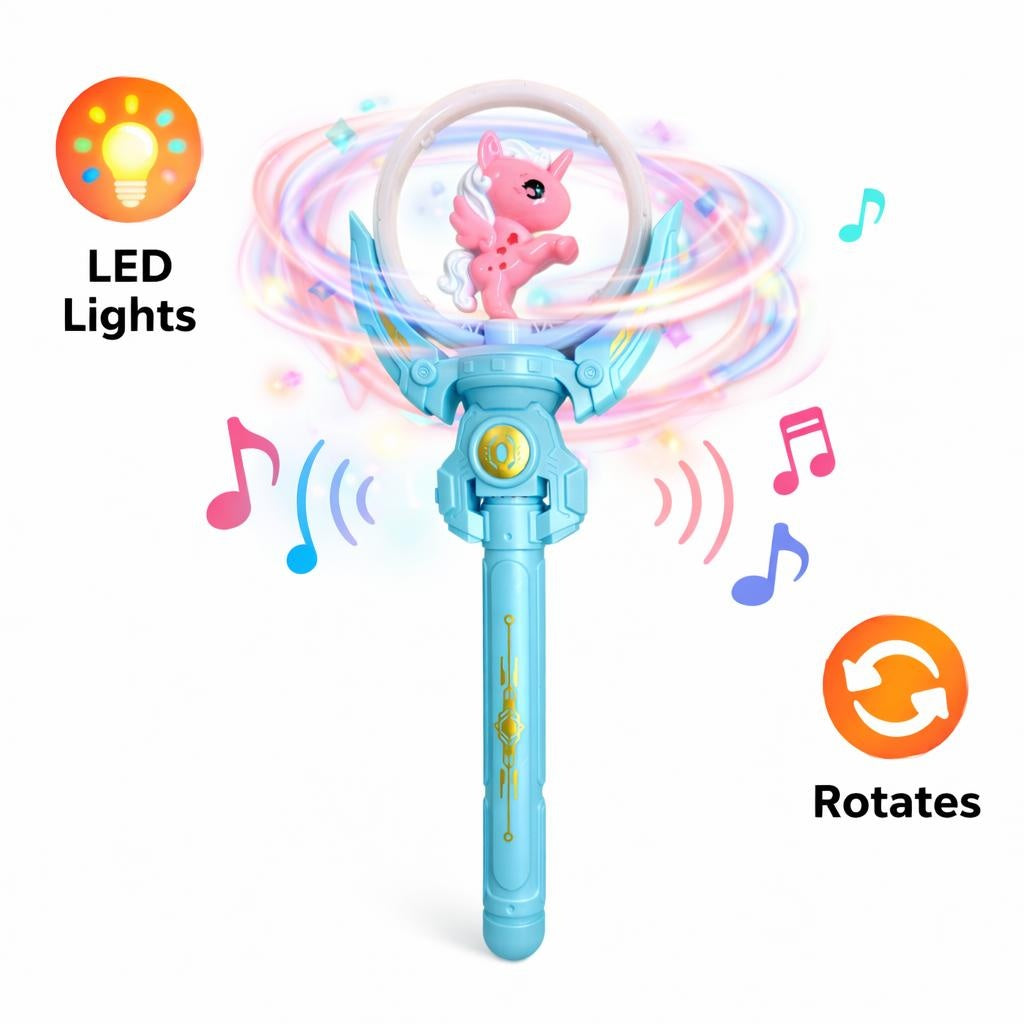 Bagheta magica interactiva pentru copii cu lumini si sunete, rotire, model ponei, albastru, 36 cm