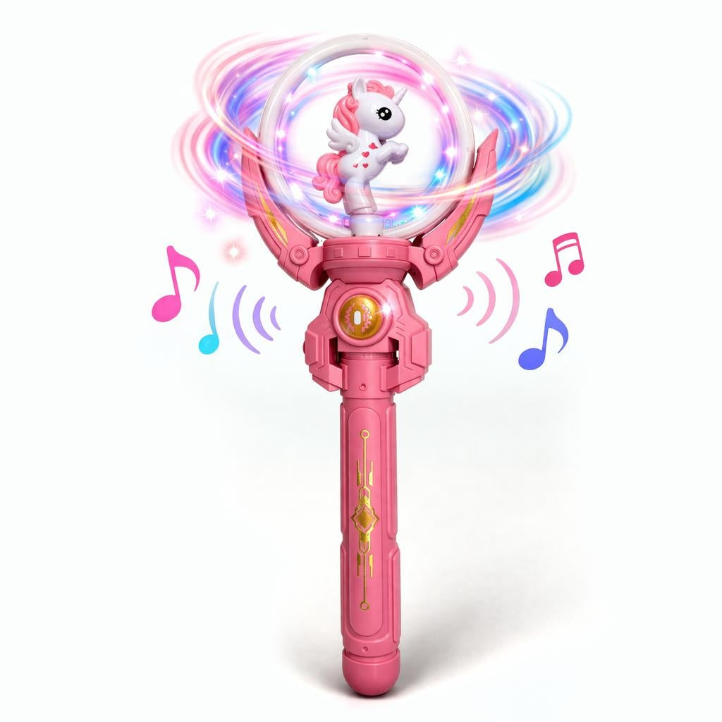 Bagheta magica interactiva pentru copii cu lumini si sunete, rotire, model ponei, roz, 36 cm