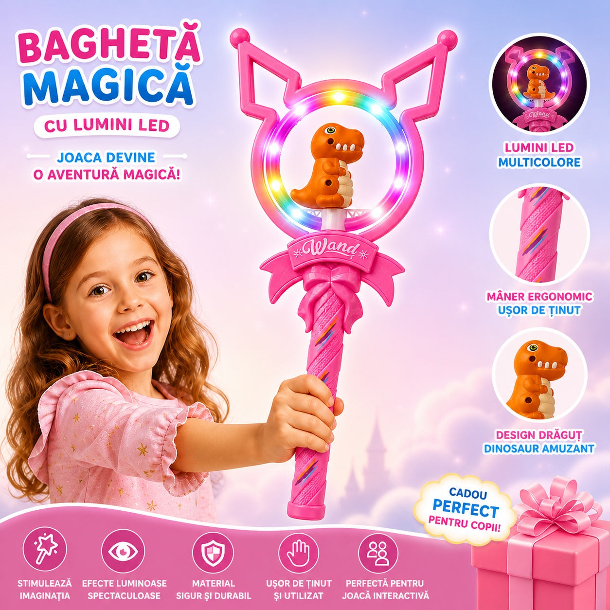 Baghetă magică roz cu lumini , figurina Dinozaur , 42 cm – jucărie interactivă pentru copii