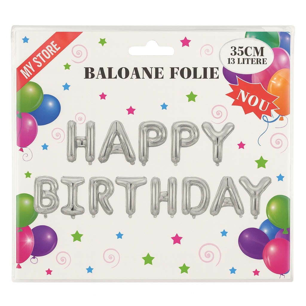 Baloane folie HAPPY BIRTHDAY argintiu 35cm , set decor aniversar 13 litere