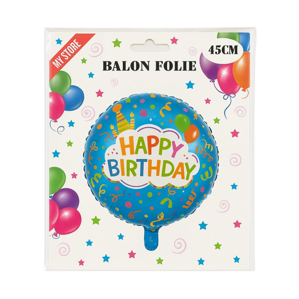 Balon folie 45cm Happy Birthday albastru , decor colorat pentru aniversari