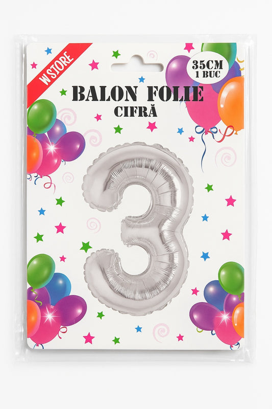 Balon folie cifra 3 argintiu, 35 cm, pentru aniversari si petreceri, 1 buc