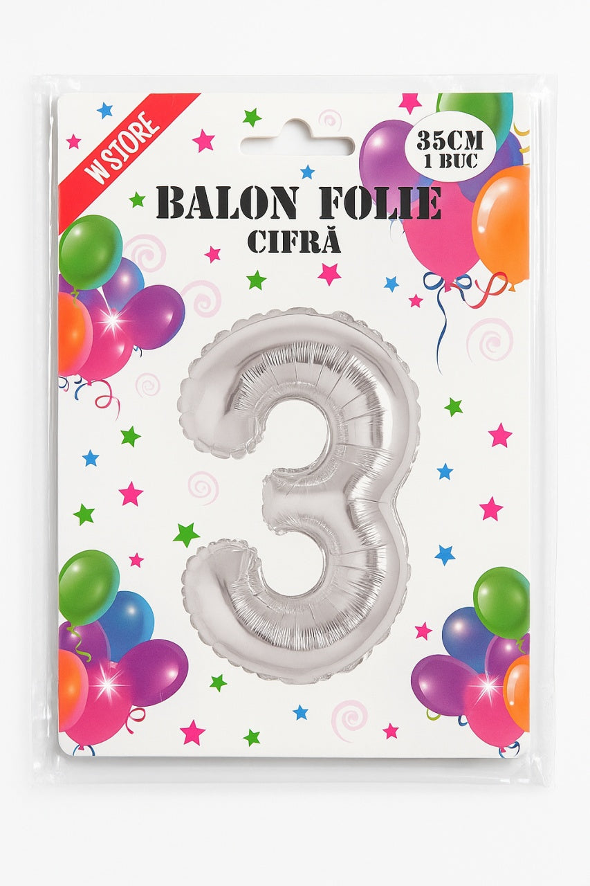 Balon folie cifra 3 argintiu, 35 cm, pentru aniversari si petreceri, 1 buc