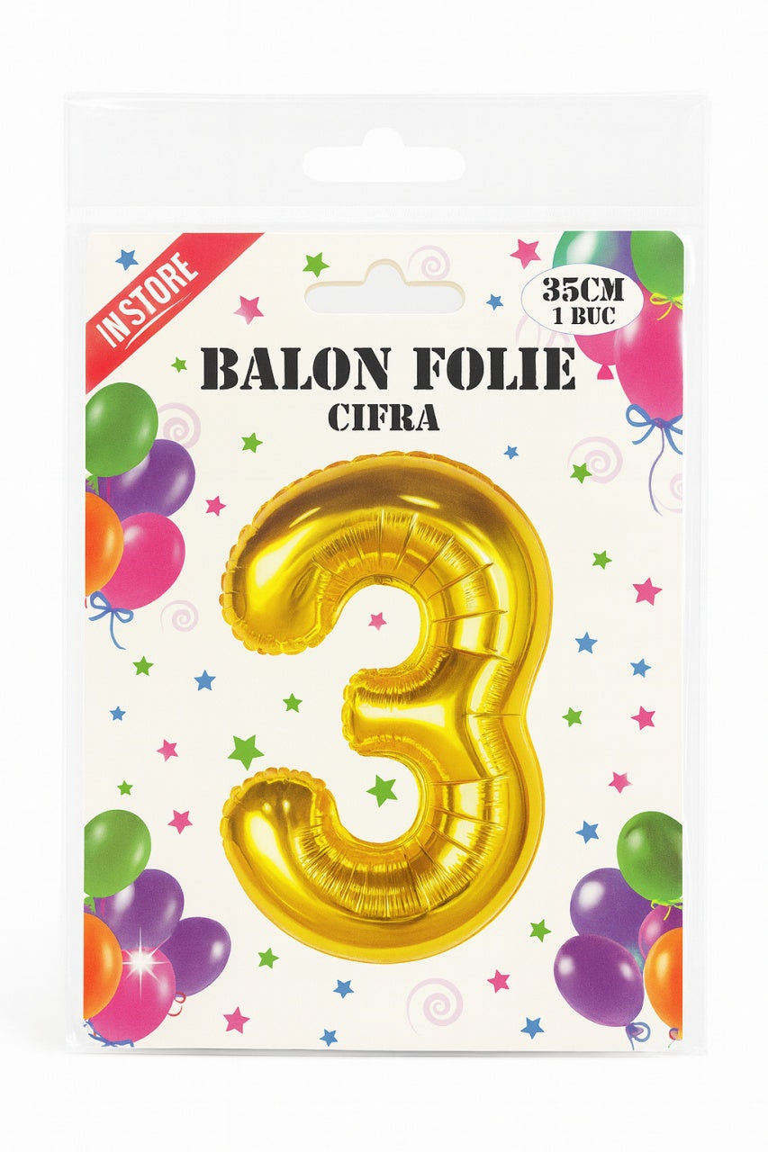 Balon folie cifra 3 auriu, 35 cm, pentru aniversari si decoratiuni, 1 buc