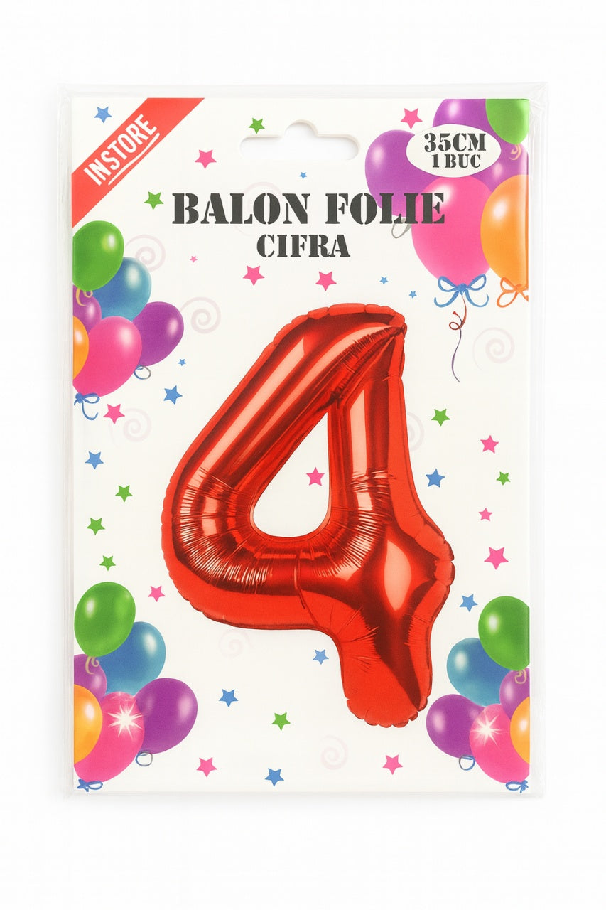 Balon folie cifra 4 rosu, 35 cm, pentru aniversari si decor, 1 buc