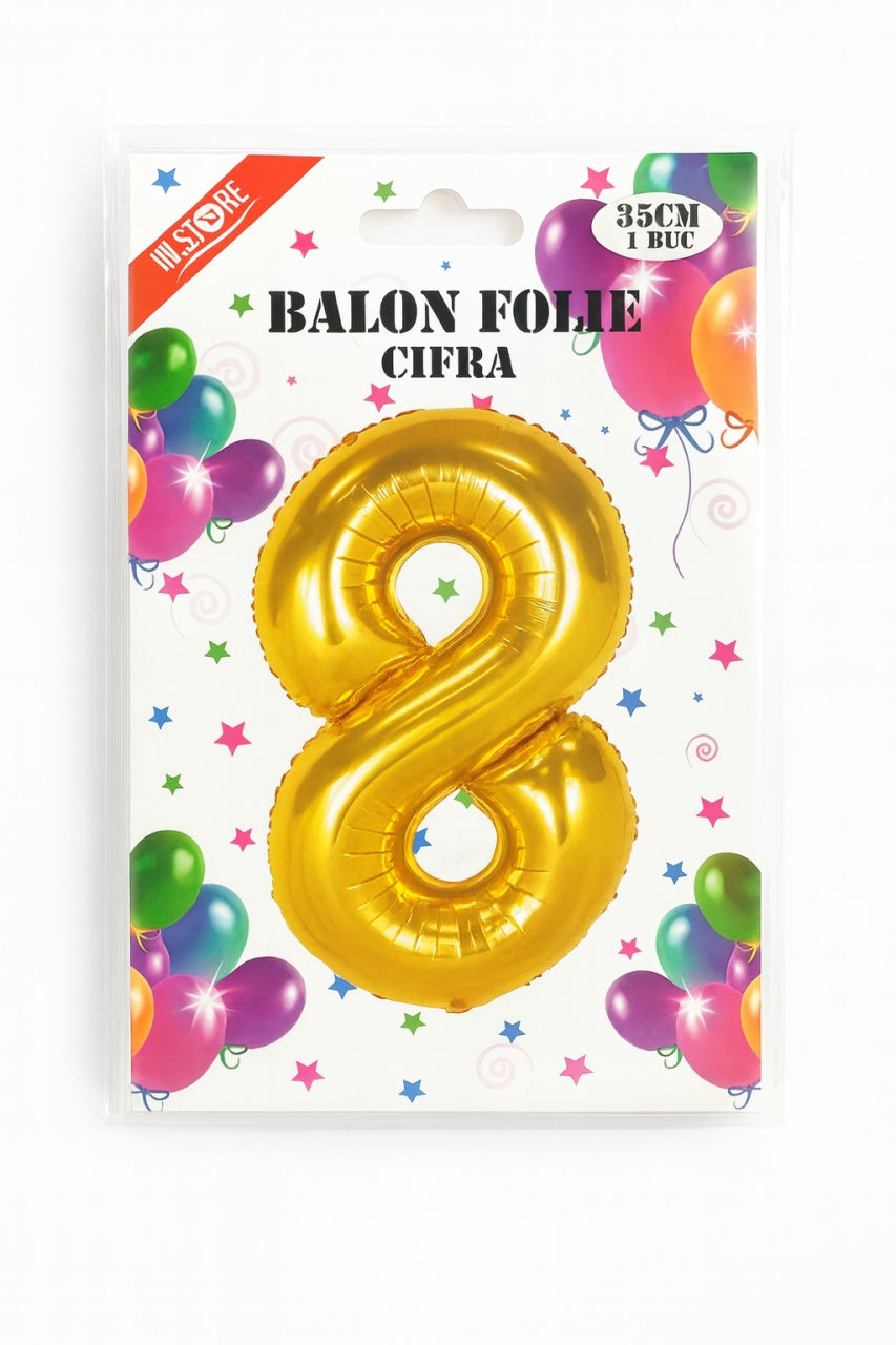 Balon folie cifra 8 auriu, 35 cm, pentru aniversari si petreceri, 1 buc