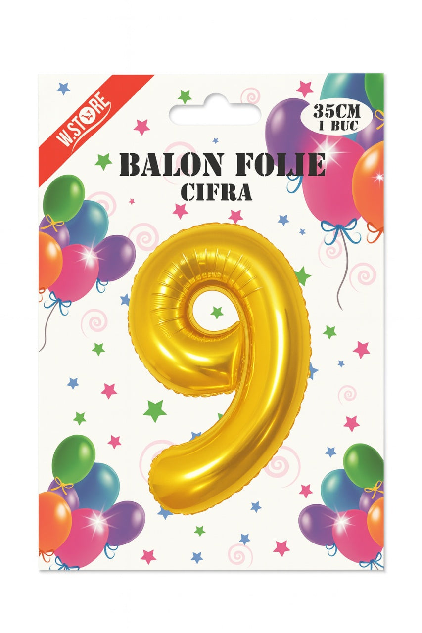Balon folie cifra 9 auriu, 35 cm, pentru aniversari si petreceri, 1 buc
