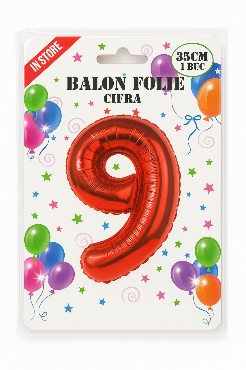 Balon folie cifra 9 rosu, 35 cm, pentru aniversari si petreceri, 1 buc