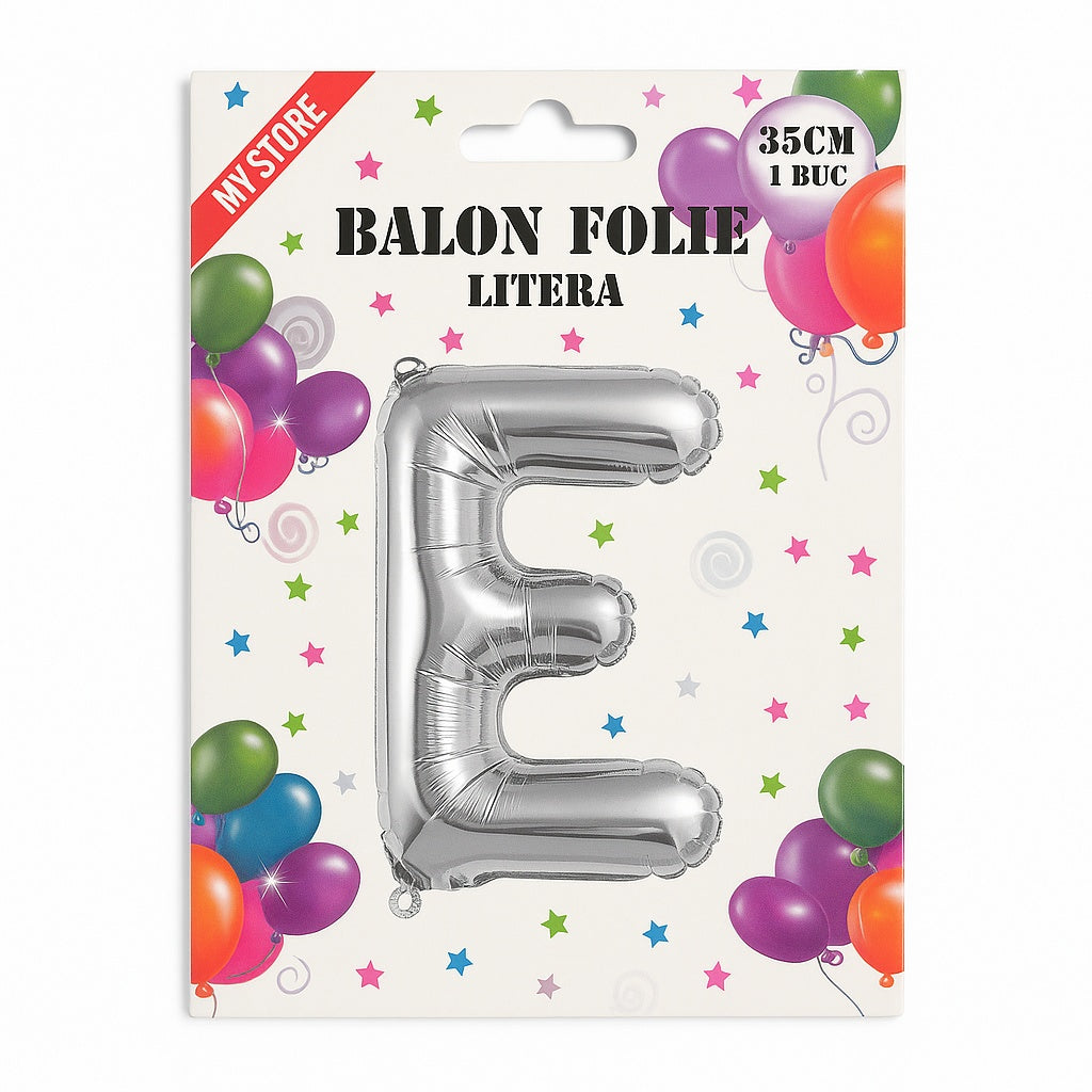 Balon folie litera E argintiu 35 cm, decor aniversari si petreceri, 1 buc