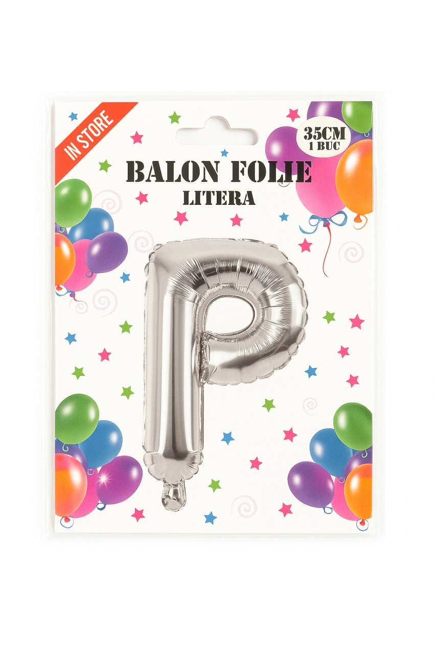 Balon folie litera P argintiu, 35 cm, decor aniversar si petreceri, 1 buc