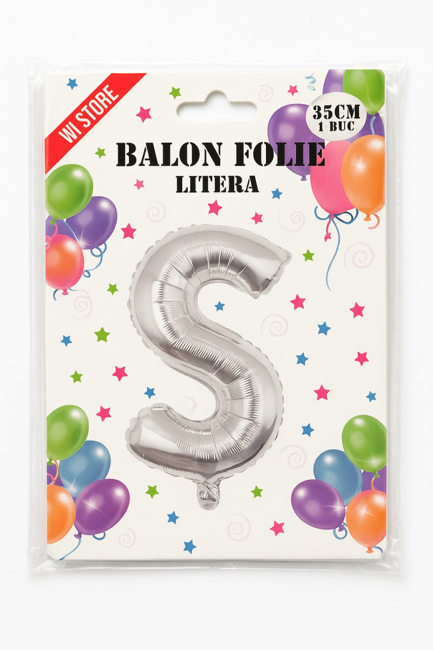 Balon folie litera S argintiu, 35 cm, decor aniversar si petreceri, 1 buc