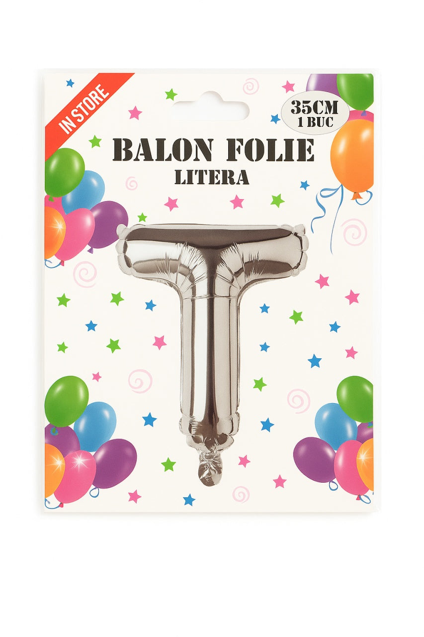 Balon folie litera T argintiu, 35 cm, decor aniversar si petreceri, 1 buc
