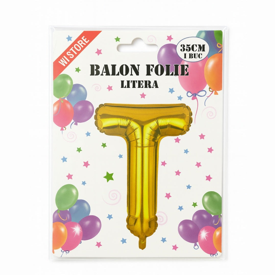 Balon folie litera T auriu, 35 cm, decor aniversar si petreceri, 1 buc