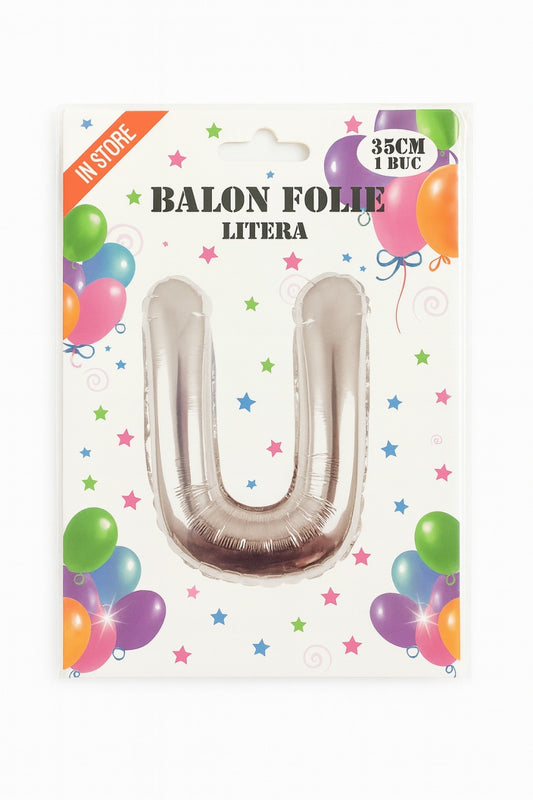 Balon folie litera U argintiu, 35 cm, pentru aniversari si decor, 1 buc