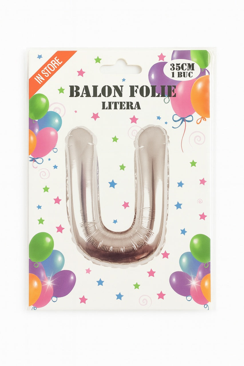 Balon folie litera U argintiu, 35 cm, pentru aniversari si decor, 1 buc