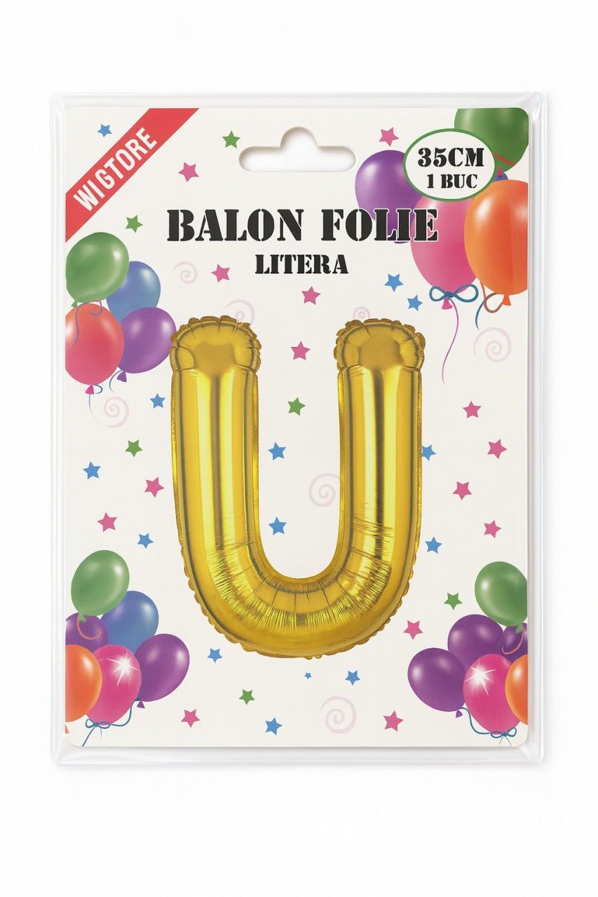 Balon folie litera U auriu, 35 cm, pentru aniversari si decor, 1 buc