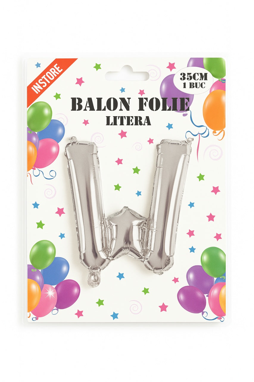 Balon folie litera W argintiu, 35 cm, decor aniversar si petreceri, 1 buc