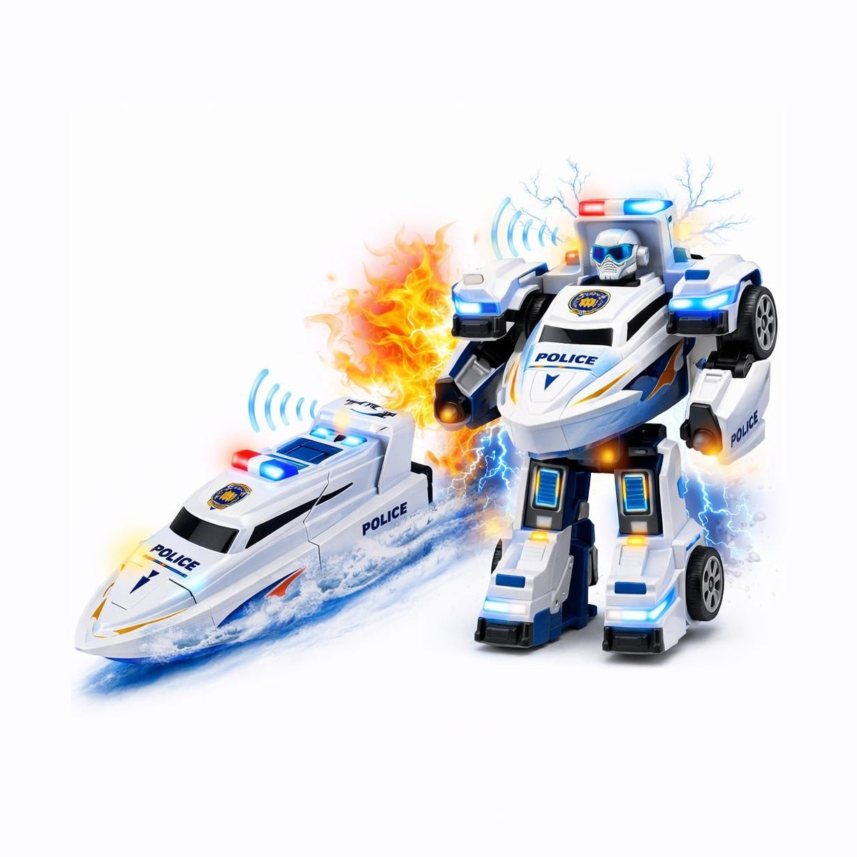Barca politie 2 in 1 transformabila robot, lumini si sunet, jucarie copii 3+