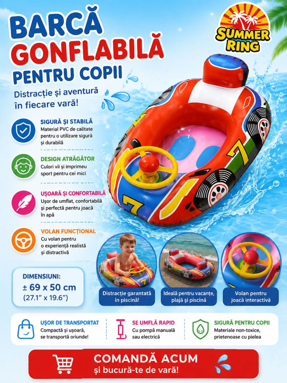 Barcuta Gonflabila pentru Copii cu Volan Functional, Model Masina de Curse, 69x50 CM, PVC Rezistent