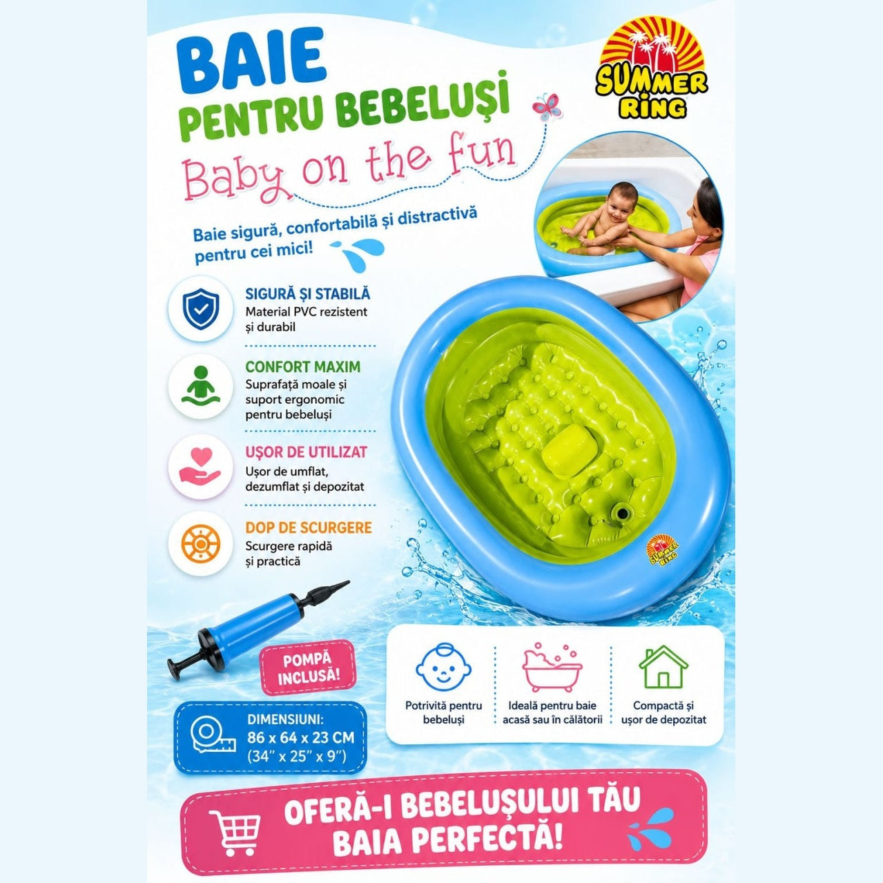 Barcuta Gonflabila pentru Copii, Verde cu Albastru - Pompa Inclusa, PVC Rezistent