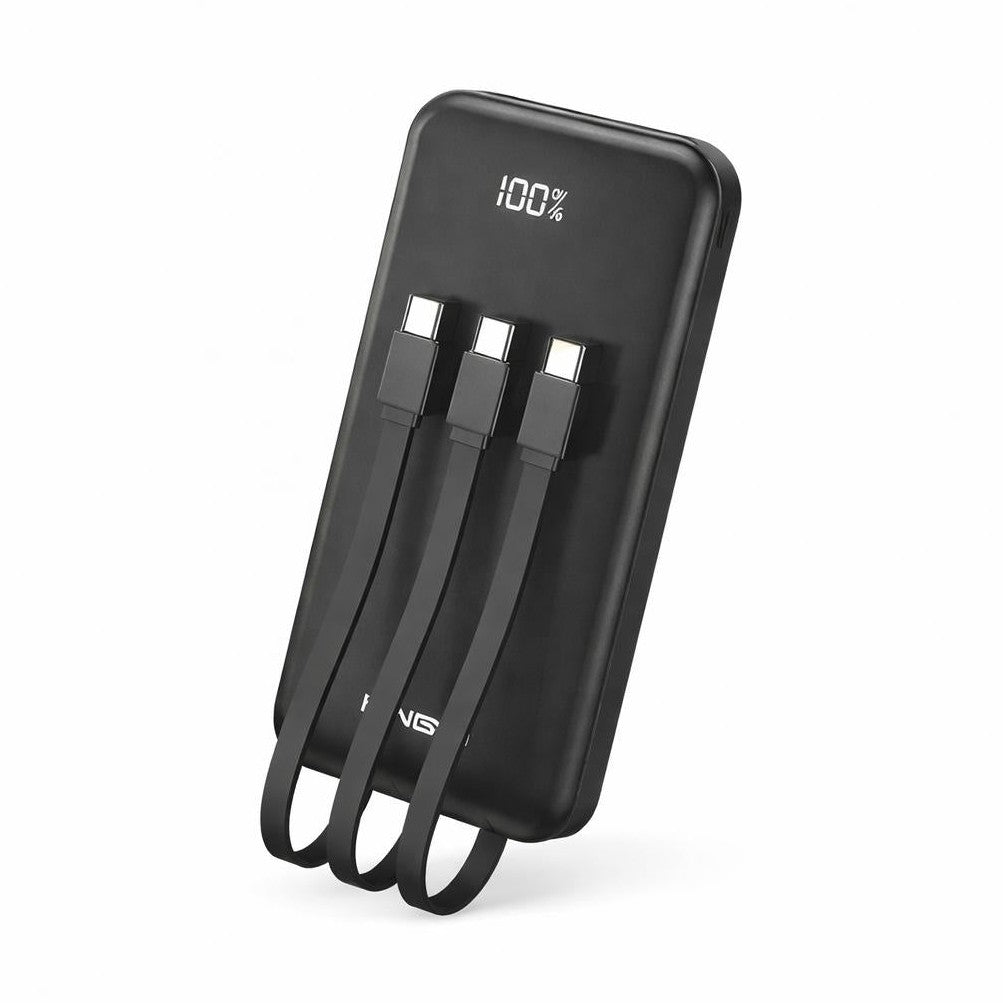 Baterie externă Hongyu 12000 mAh cu cabluri integrate și display LED, încărcare rapidă 2.1A, negru