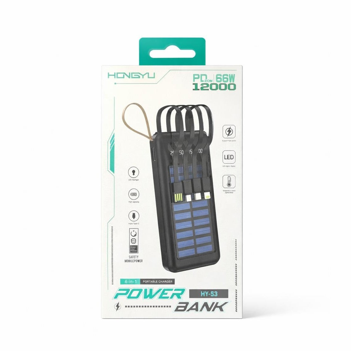 Baterie externa Hongyu HY-53 12000 mAh cu panou solar, cabluri integrate 4-în-1, încărcare rapidă 66W, display LED