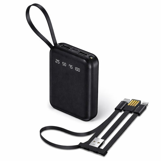 Baterie externă mini Hongyu 10000 mAh cu display LED, cabluri integrate și încărcare rapidă