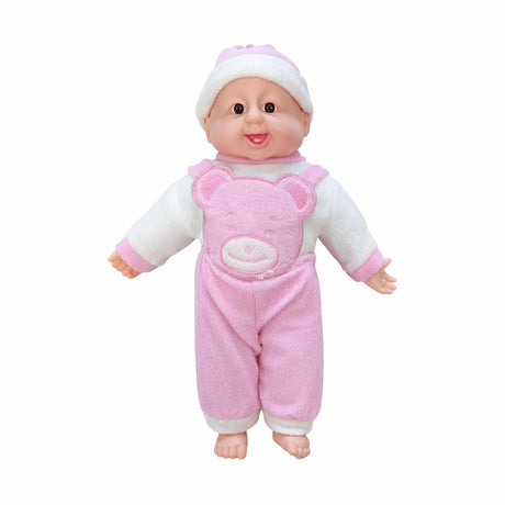 Bebelus adorabil interactiv 45 cm, rade, costum roz cu ursulet, +3 ani